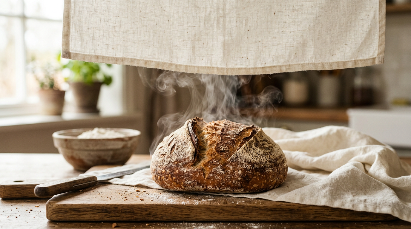 Round sourdough bread with steam rising placed on a wooden cutting board with a knife and bowl in background