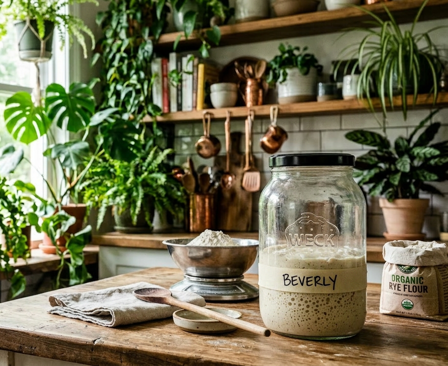 Jar labeled 'sourdough starter' on wooden kitchen table with flour and organic rye flour bag, surrounded by green houseplants